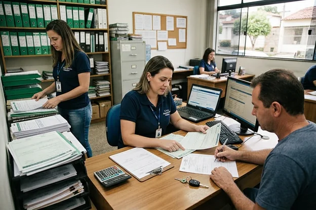 Profissionais revisando documentação durante o processo de transferência de veículo.