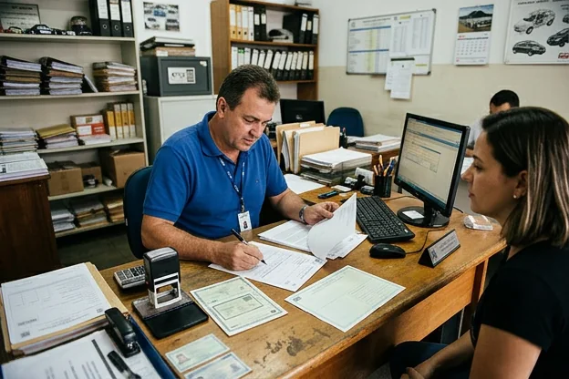 Profissional ajudando cliente com a documentação para solicitar a segunda via do CRV.