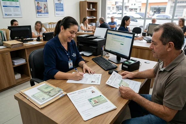 Profissional realizando o atendimento para a renovação da CNH.